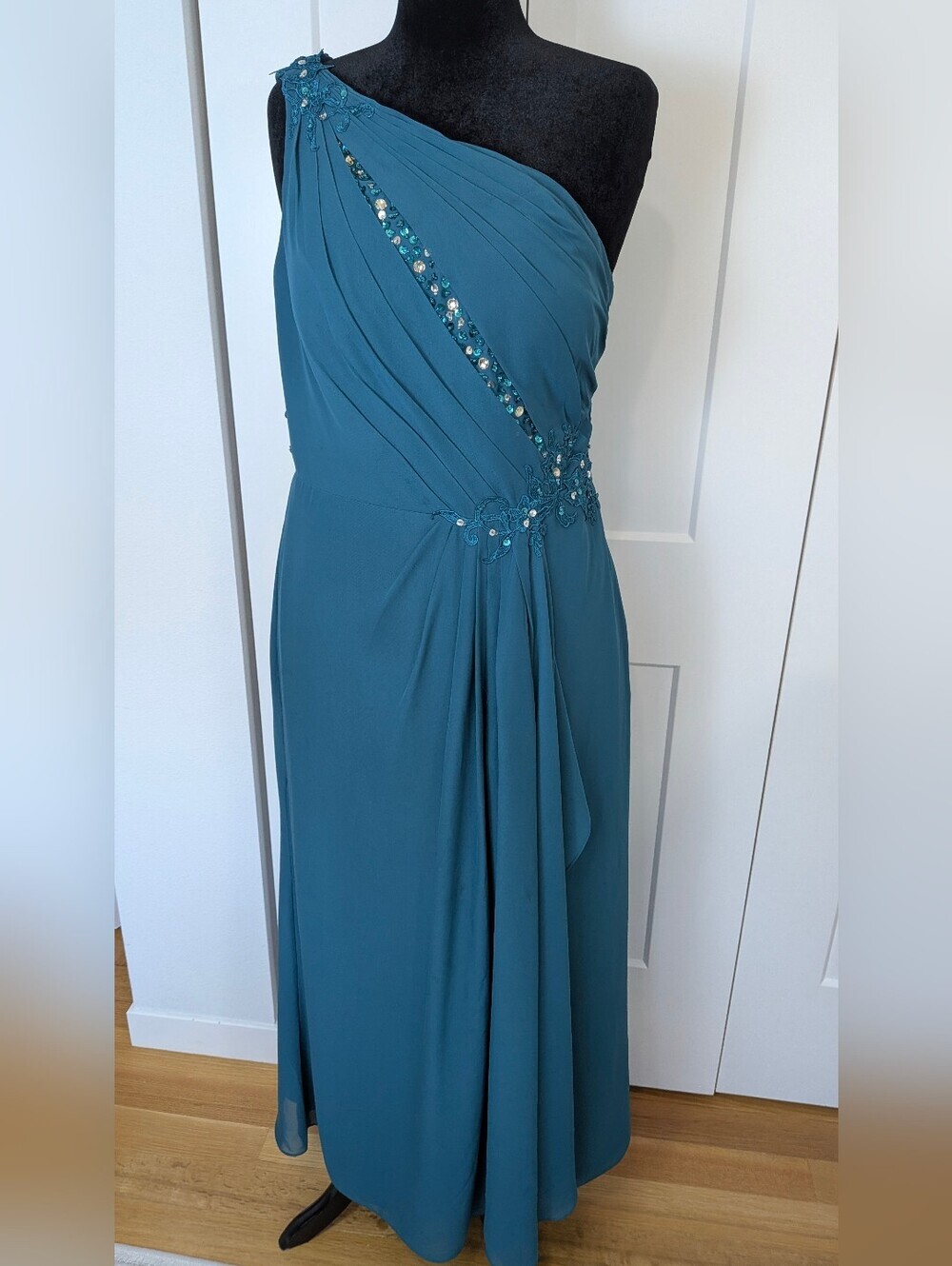 J.J House Teal blue One Shoulder Beaded Formal Gown beaded bridal Wedding Sz L